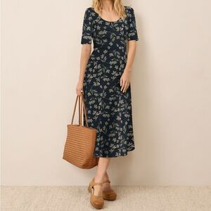 Pact Organic Painted Petals Midnight Blue Fit & Flare Scoop Dress Size Small
